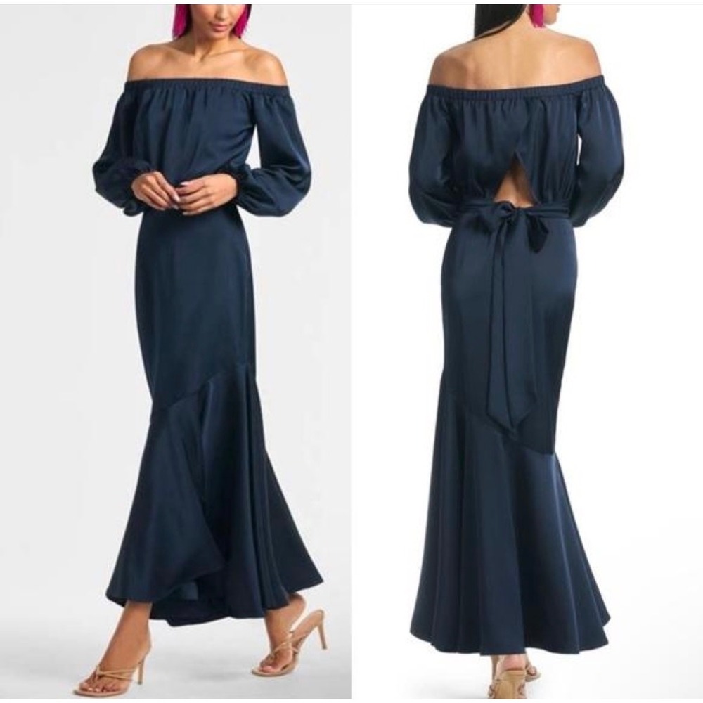 Sachin & Babi Kai Navy Satin Maxi Dress 6 Off Shoulder Long Sleeve S231D16-410